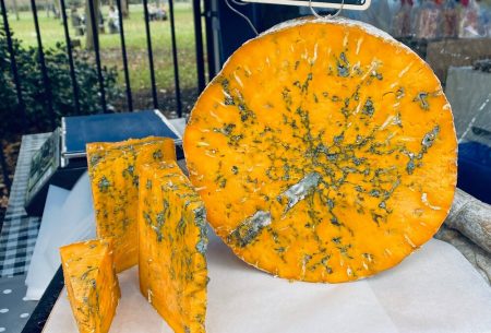 A big piece of blue shropshire cheese with smaller pieces alongside