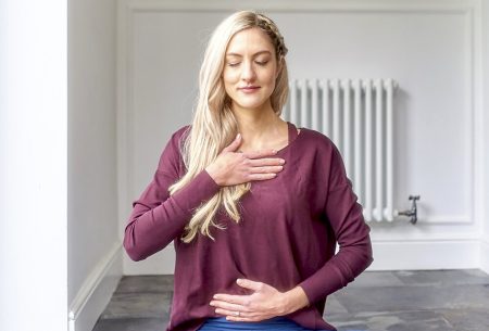 View How to reduce stress & cope with #Covid-19 Megan Rossi breathing with hand on heart and hand on stomach