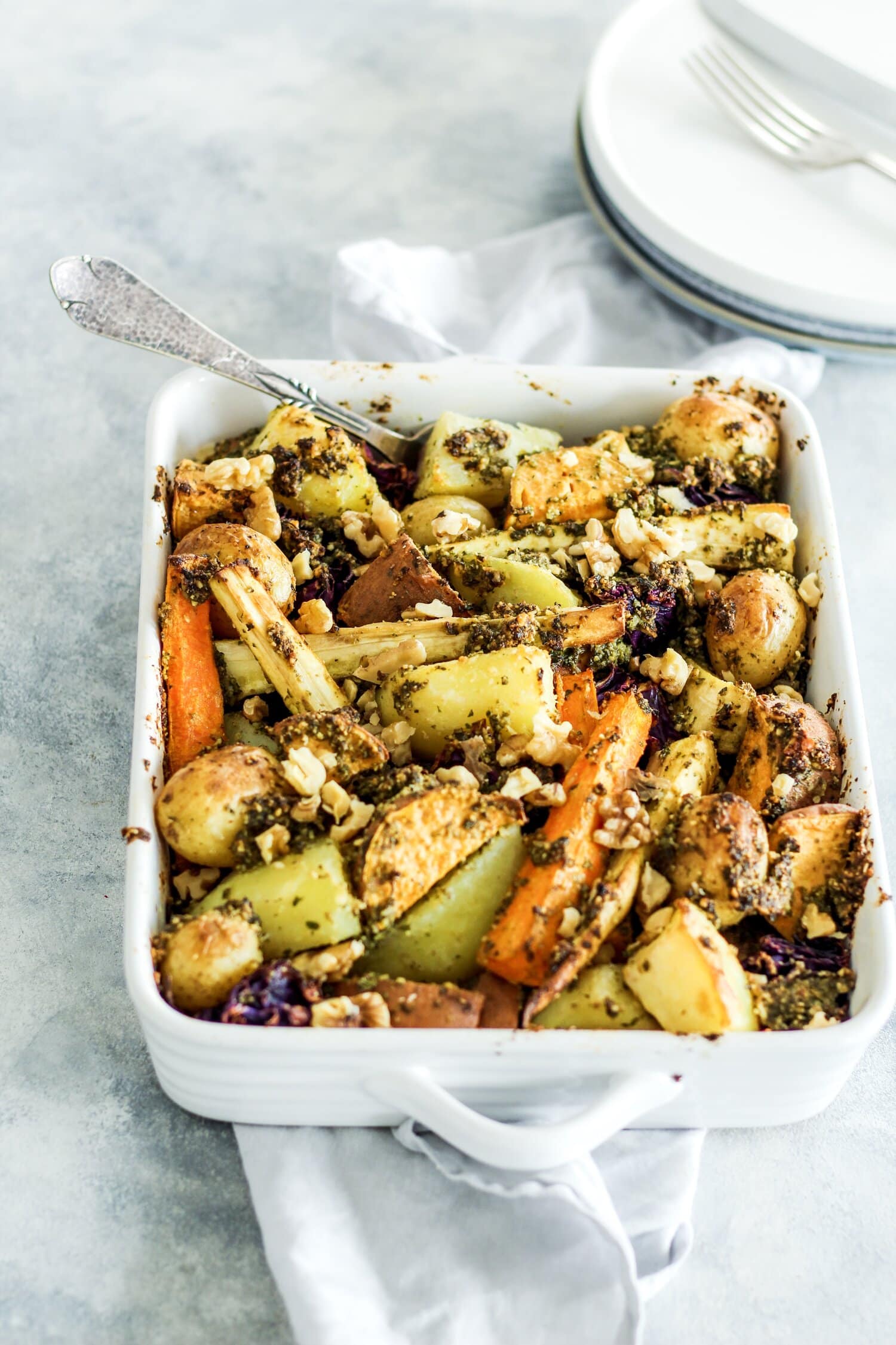 Walnut pesto roasted potatoes & parsnips | The Gut Health Doctor