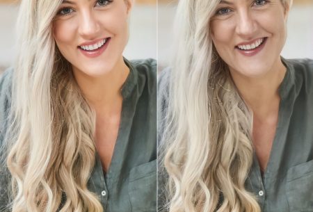 Two side-by-side images of Dr Megan Rossi, one showing current age and one enhanced to show aging face