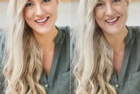 Two side-by-side images of Dr Megan Rossi, one showing current age and one enhanced to show aging face