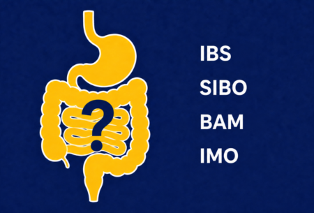 Flat illustration of the digestive tract labelled with IBS, SIBO, BAM and IMO, four conditions behind a wrong IBS diagnosis