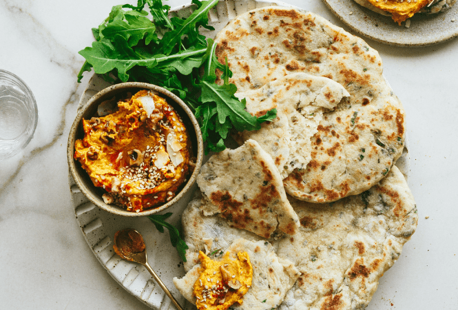 'Live' & herby flatbread with curried sweet potato dip | The Gut Health Doctor