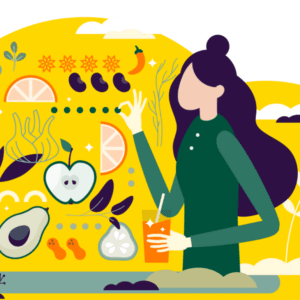 Illustration of a woman picking out a grain out of a tapestry of different types of plants to show plant diversity