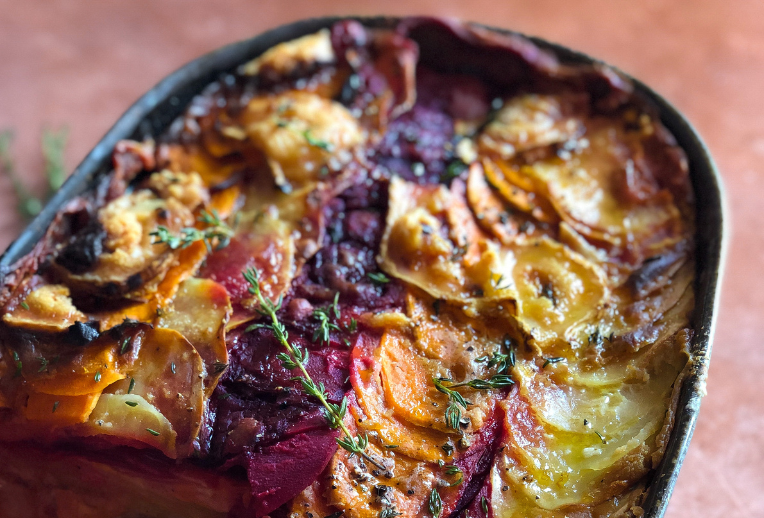 Root vegetable gratin with white bean bechamel | The Gut Health Doctor