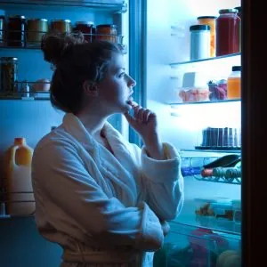 A photo of a woman in her pyjamas looking in the fridge at night