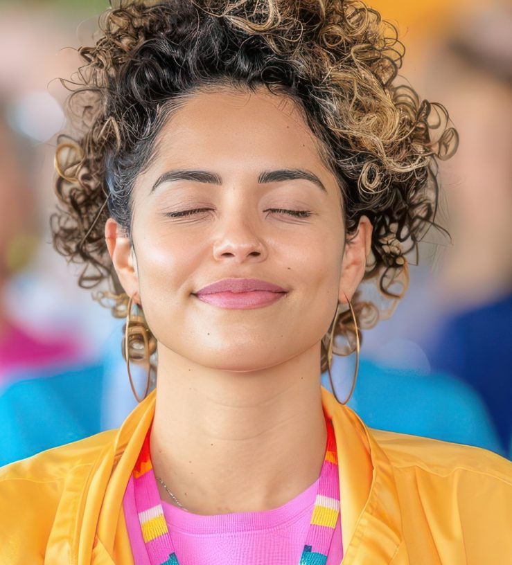 A photo of a woman taking a deep breath