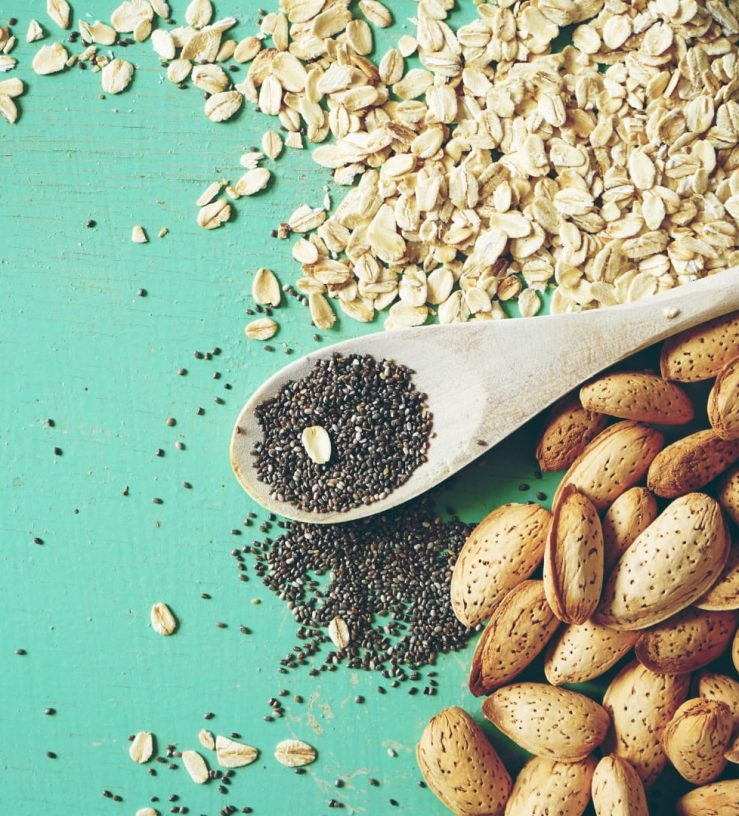 A photo of chia seeds and oats spread out on a table