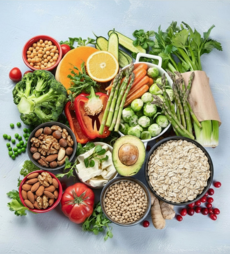 fruit, vegetables, wholegrains, nuts, seeds, legumes