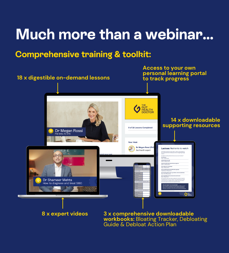 Visuals of the bloating masterclass on a tablet, mobile phone, desktop monitor and laptop