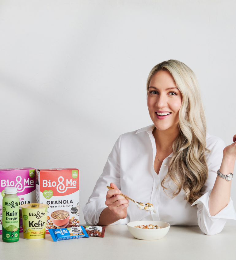 megan with Bio&Me products including granola, kefir and gut-nourishing fibre protein bars
